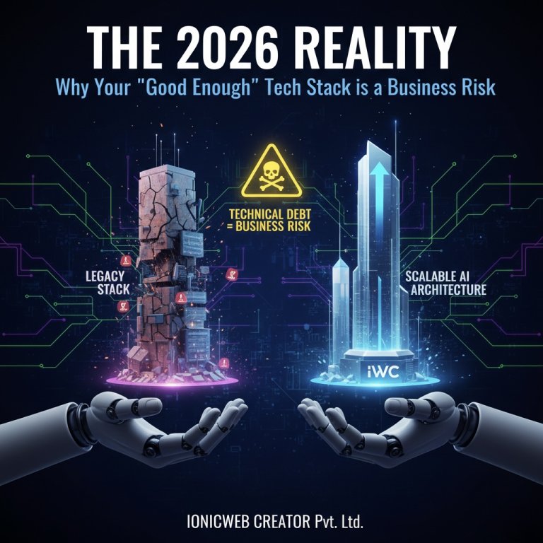 Comparison between a crumbling legacy tech stack and a modern scalable AI architecture by IONICWEB CREATOR Pvt. Ltd.