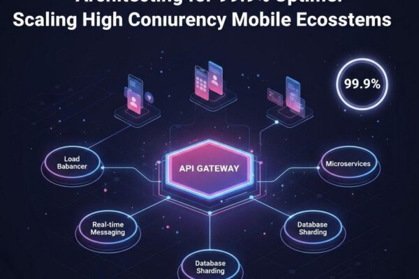 Architecture diagram for 99.9% uptime mobile ecosystems showing API Gateway, database sharding, and real-time messaging.