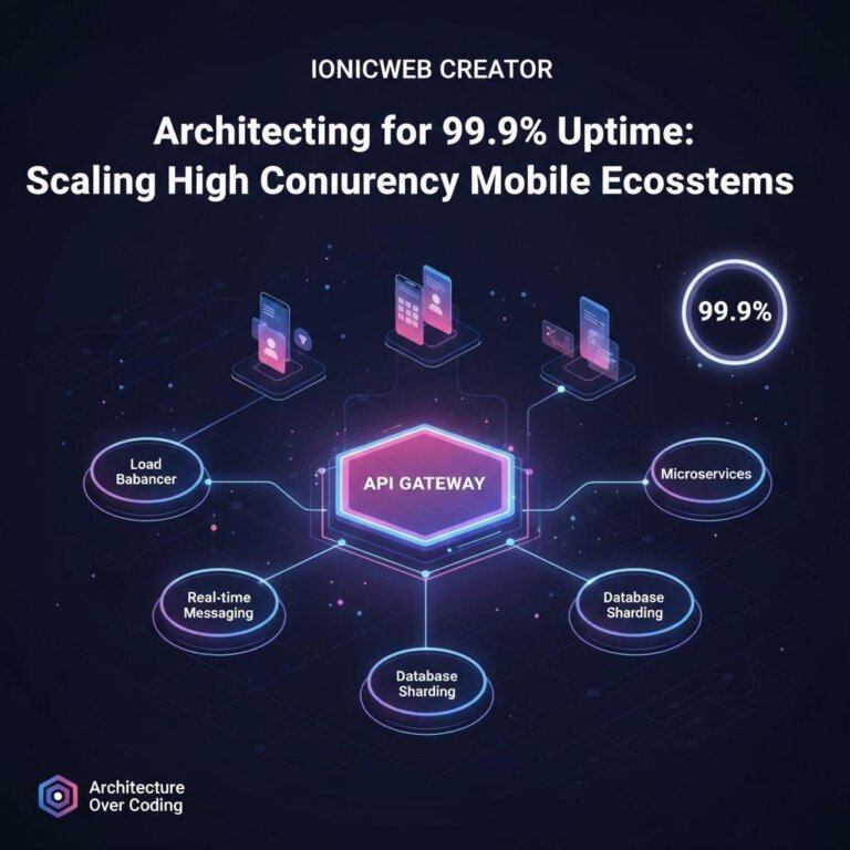 Architecture diagram for 99.9% uptime mobile ecosystems showing API Gateway, database sharding, and real-time messaging.