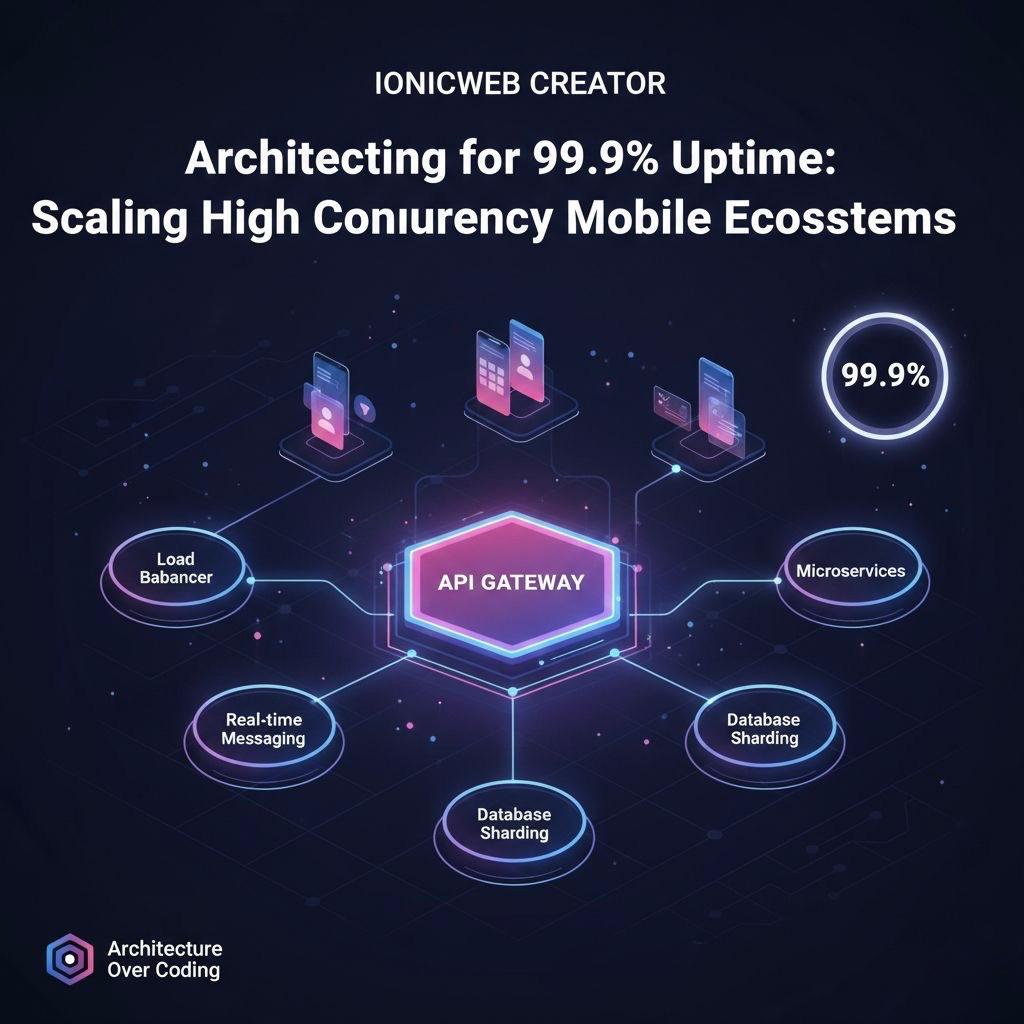 Architecture diagram for 99.9% uptime mobile ecosystems showing API Gateway, database sharding, and real-time messaging.