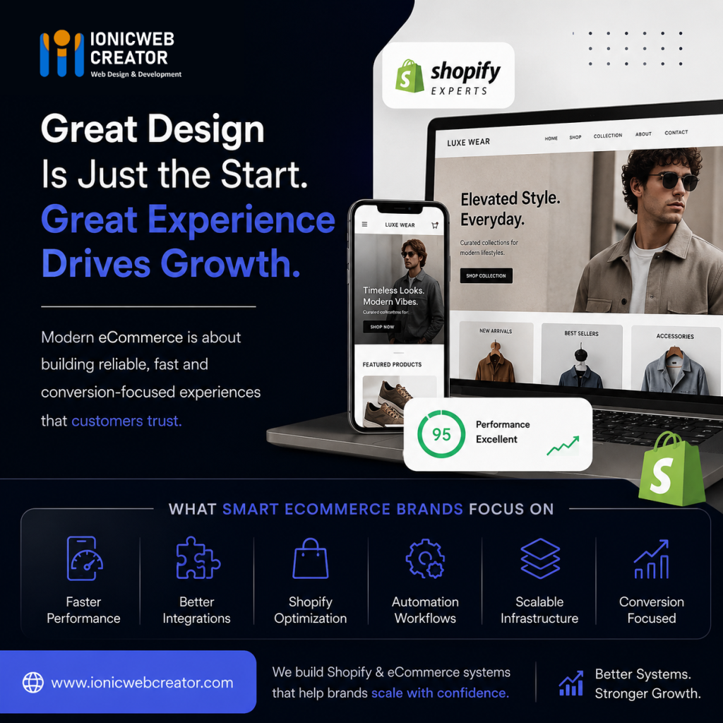 High-performance Shopify ecommerce experience focused on UX, mobile optimization, scalability, and conversion-focused development by Ionic Web Creator.
