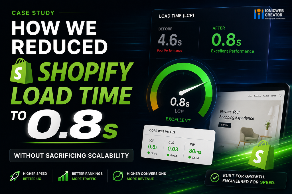 Shopify performance optimization case study showing how load time was reduced to 0.8 seconds without sacrificing scalability