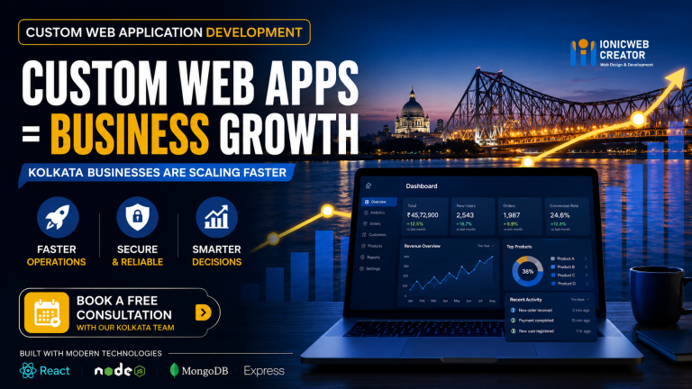 Custom web application development dashboard showing business analytics for IONICWEB CREATOR in Kolkata.